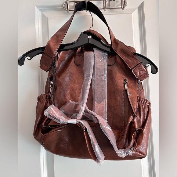 Convertible brown faux leather PU backpack purse NEW vintage leather look roomy - Picture 2 of 11